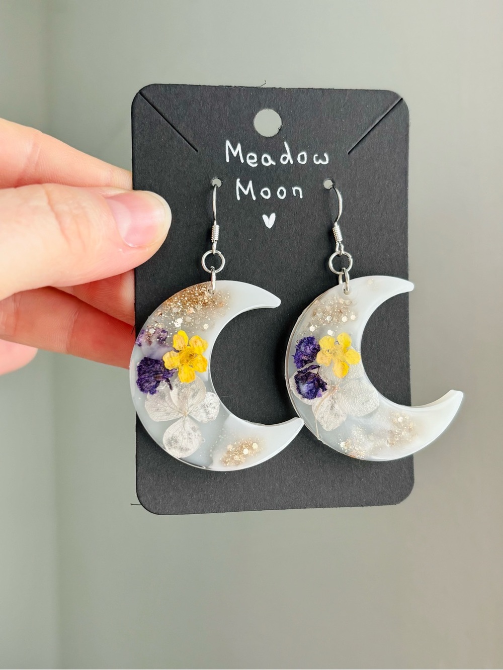 Meadow Moon Resin Earrings Handmade Real Flower Crescent Dangle Earrings